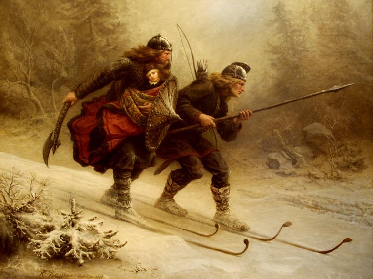 Knud Bergslien Birkebeinerne pa Ski over Fjeldet med Kongsbarnet oil painting image